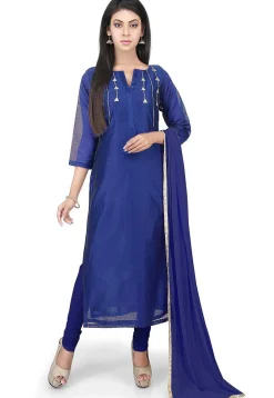 Embroidered Chanderi Cotton Pakistani Suit in Royal Blue
