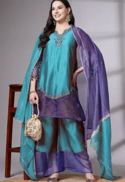 Embroidered Chanderi Cotton and Organza Pakistani Suit in Sky Blue