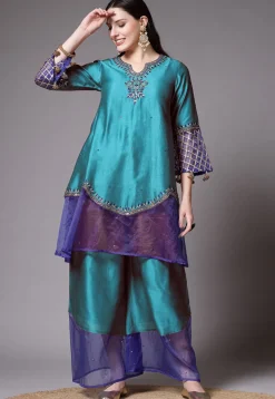 Embroidered Chanderi Cotton and Organza Pakistani Suit in Sky Blue