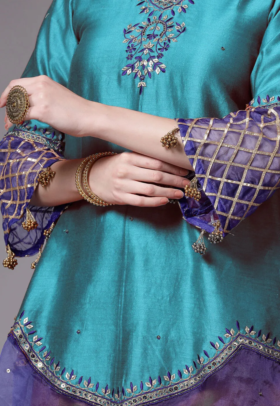 Embroidered Chanderi Cotton and Organza Pakistani Suit in Sky Blue