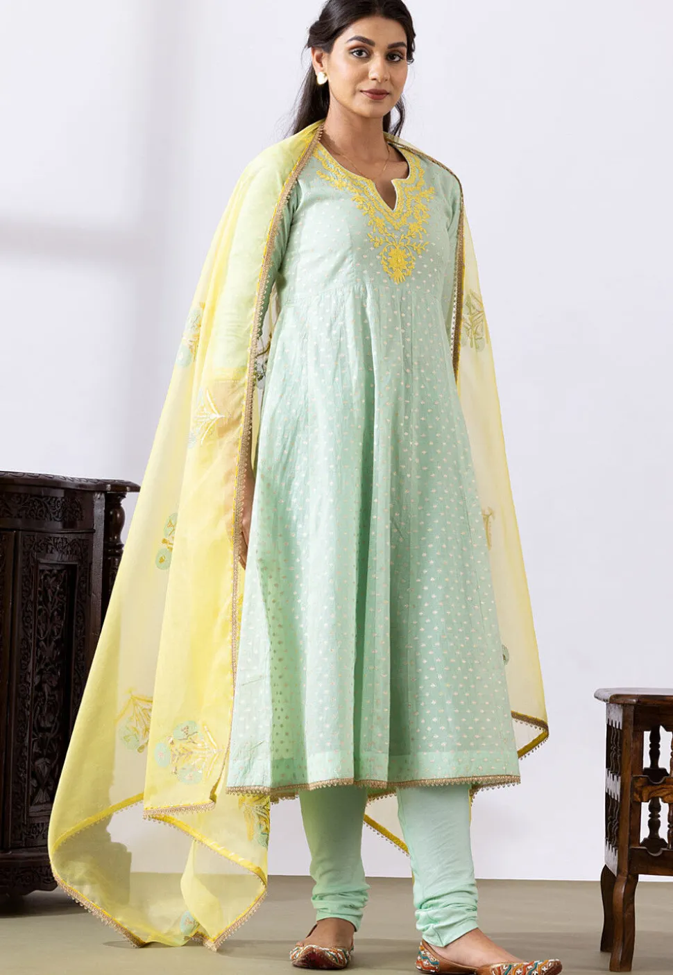 Embroidered Chanderi Cotton Anarkali Suit in Pastel Green