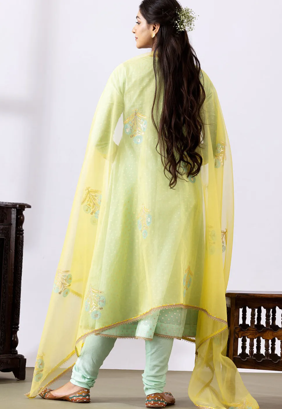 Embroidered Chanderi Cotton Anarkali Suit in Pastel Green
