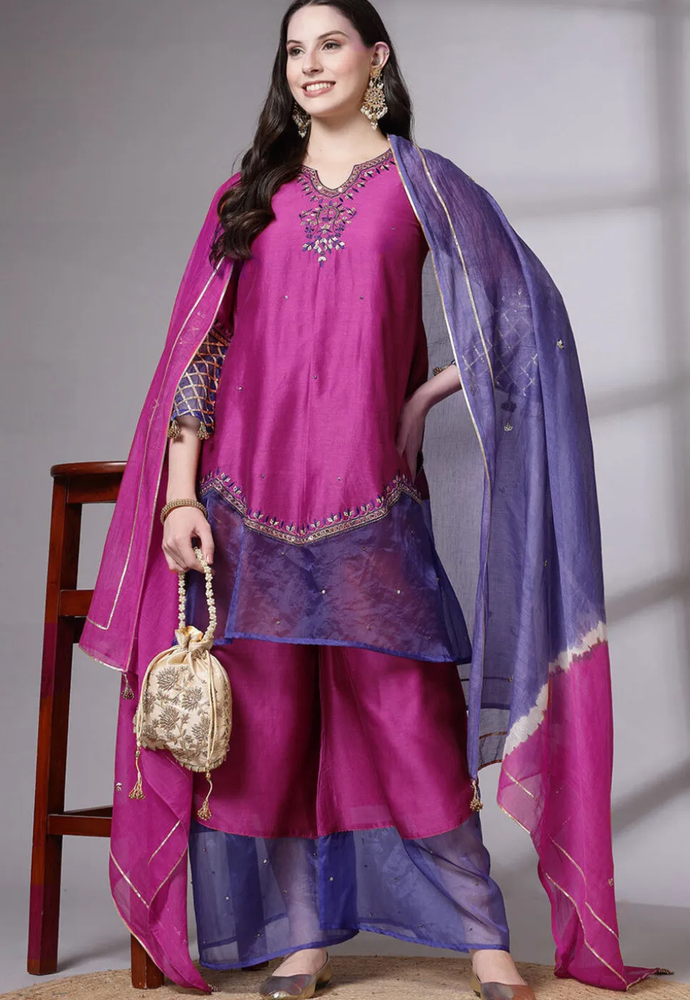Embroidered Chanderi Cotton and Organza Pakistani Suit in Magenta