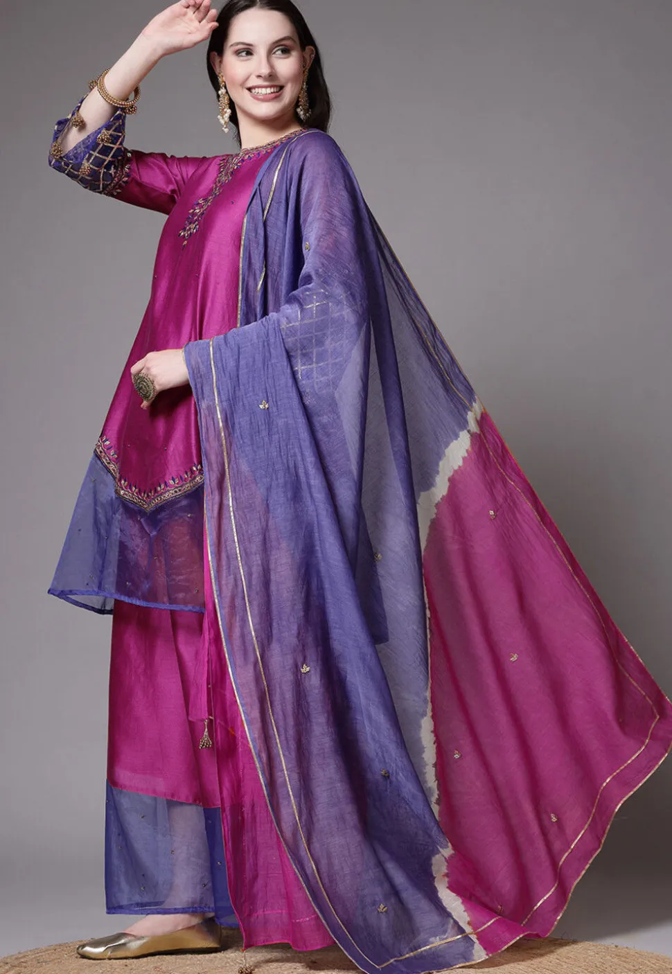 Embroidered Chanderi Cotton and Organza Pakistani Suit in Magenta