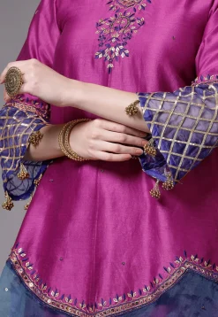 Embroidered Chanderi Cotton and Organza Pakistani Suit in Magenta
