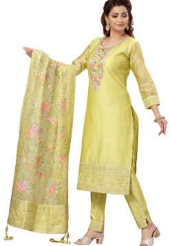 Embroidered Chanderi Silk Pakistani Suit in Light Olive Green