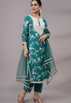Embroidered Chanderi Silk Pakistani Suit in Teal Green