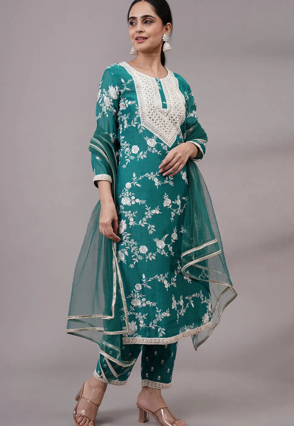 Embroidered Chanderi Silk Pakistani Suit in Teal Green