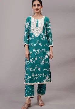 Embroidered Chanderi Silk Pakistani Suit in Teal Green