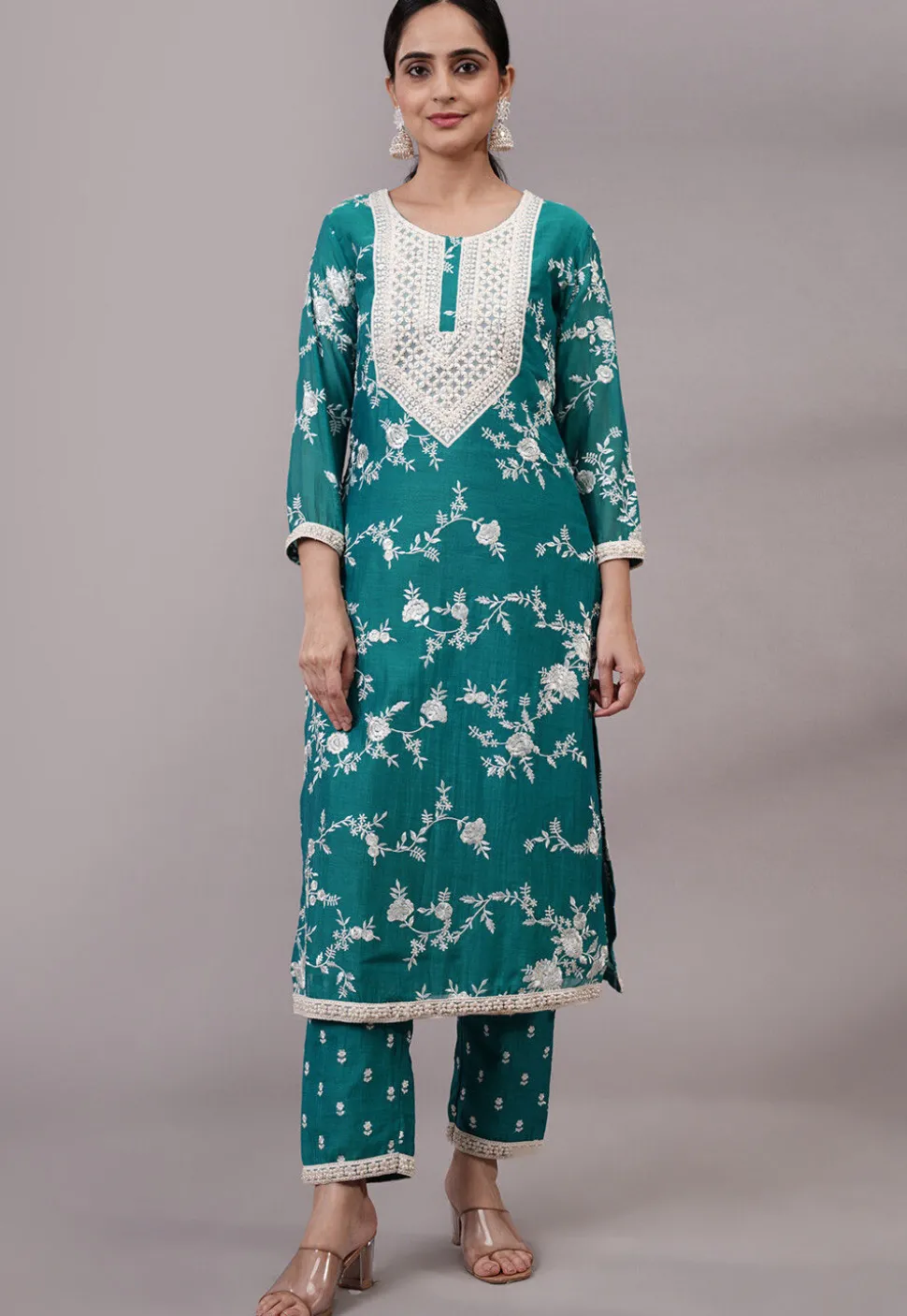 Embroidered Chanderi Silk Pakistani Suit in Teal Green