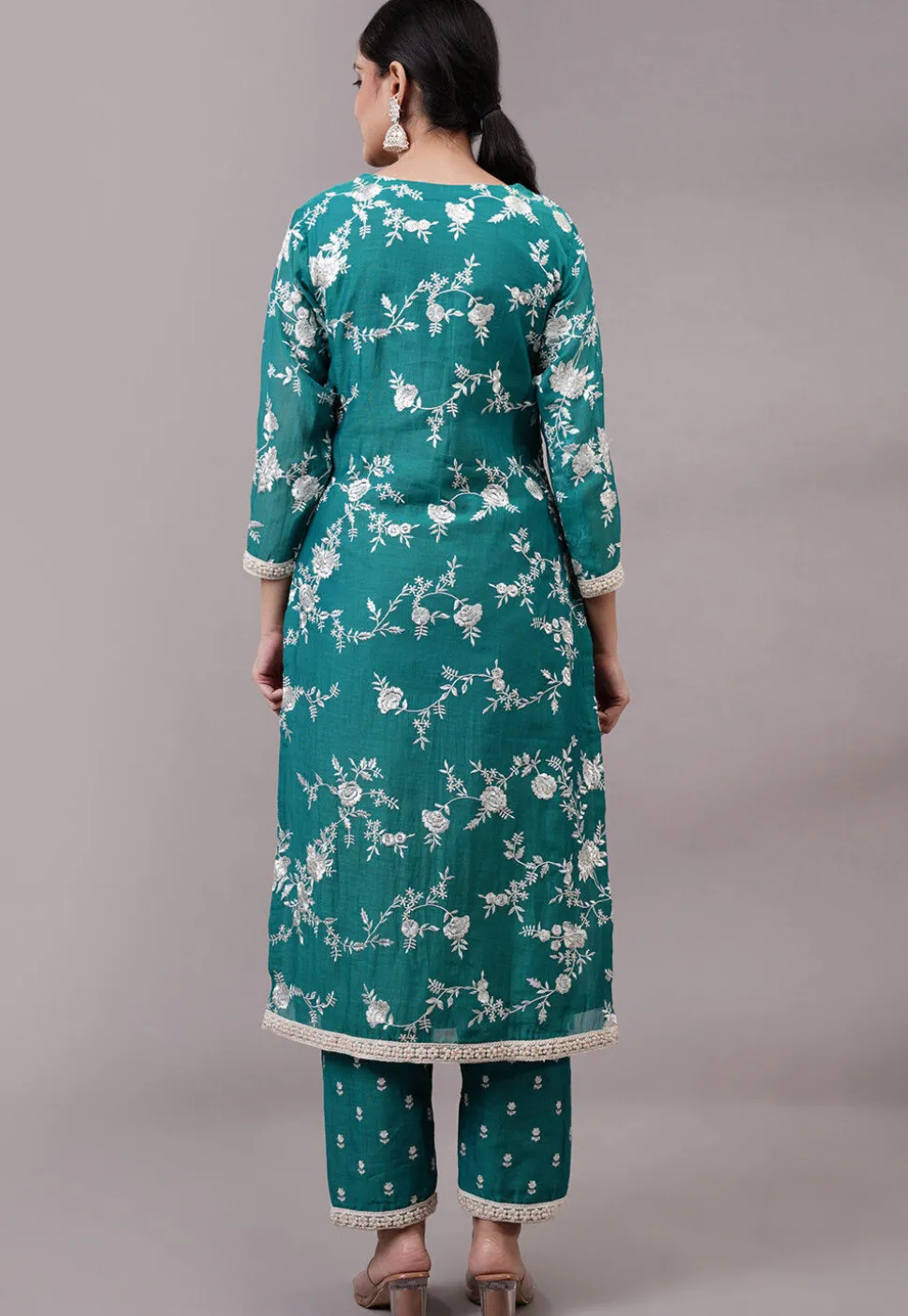 Embroidered Chanderi Silk Pakistani Suit in Teal Green