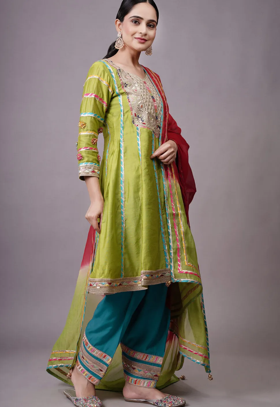 Embroidered Chanderi Silk Anarkali Suit in Olive green