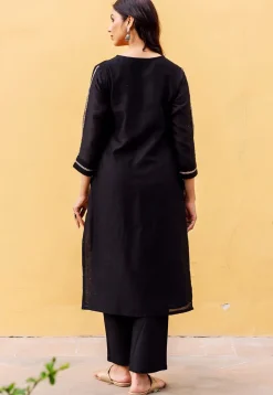Embroidered Chanderi Silk Straight Kurta Set in Black