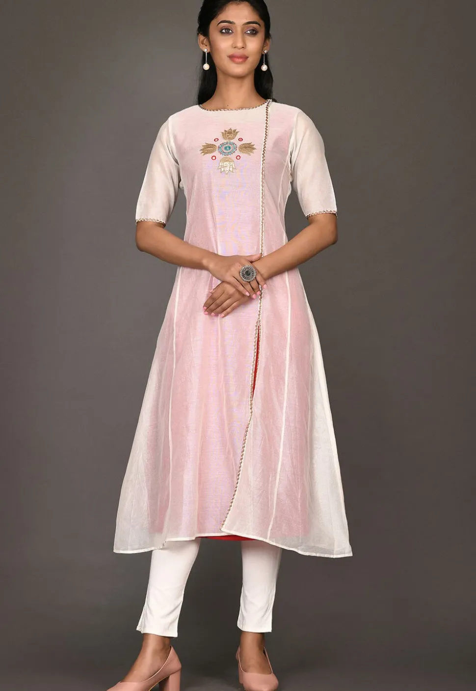 Embroidered Chanderi Silk A Line Kurta in Off White