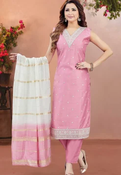 Embroidered Chanderi Silk Pakistani Suit in Pink