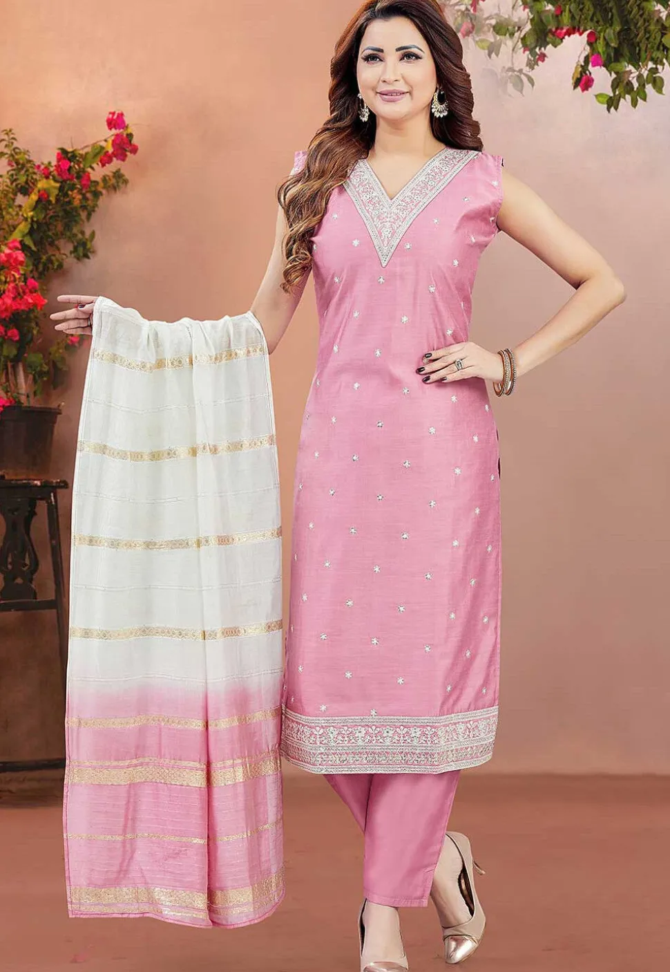 Embroidered Chanderi Silk Pakistani Suit in Pink