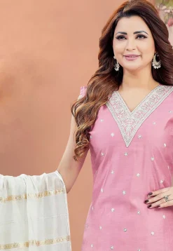 Embroidered Chanderi Silk Pakistani Suit in Pink
