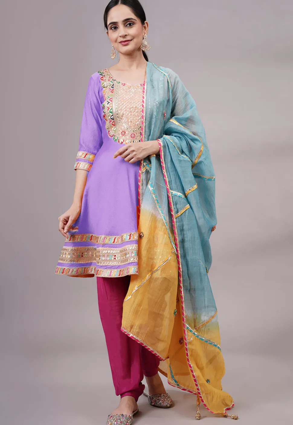 Embroidered Chanderi Silk Aline Suit in Light Purple