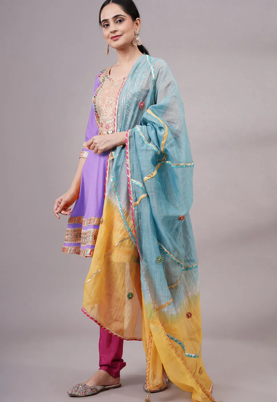 Embroidered Chanderi Silk Aline Suit in Light Purple