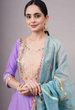 Embroidered Chanderi Silk Aline Suit in Light Purple