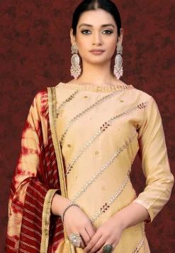 Embroidered Chanderi Silk Pakistani Suit in Beige
