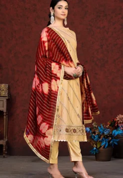 Embroidered Chanderi Silk Pakistani Suit in Beige
