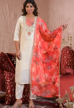Embroidered Chanderi Silk Pakistani Suit in Cream