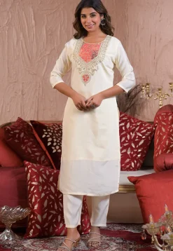 Embroidered Chanderi Silk Pakistani Suit in Cream