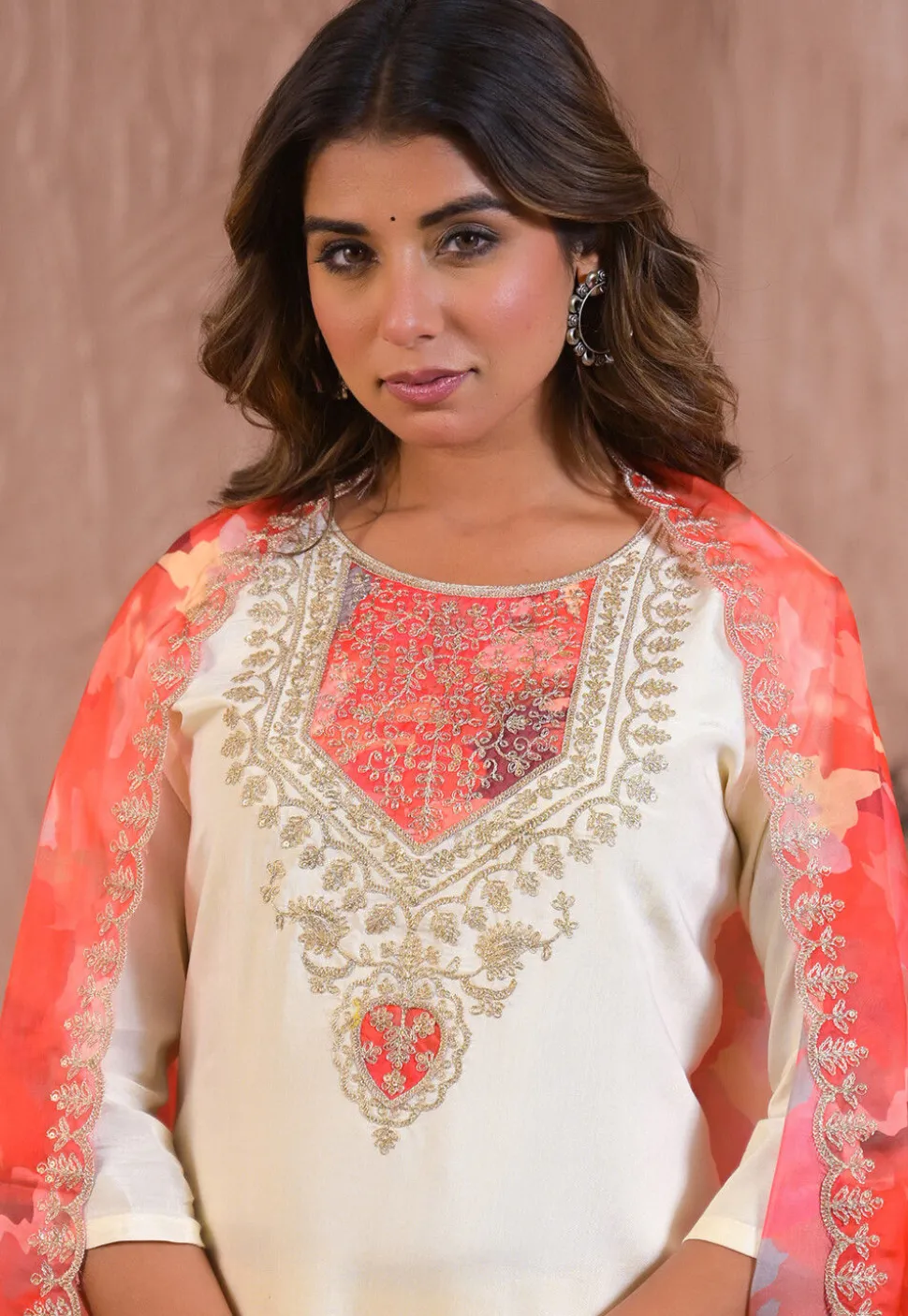 Embroidered Chanderi Silk Pakistani Suit in Cream