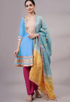 Embroidered Chanderi Silk Aline Suit in Sky Blue