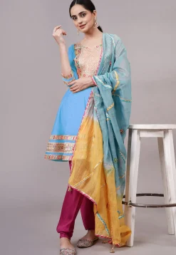 Embroidered Chanderi Silk Aline Suit in Sky Blue