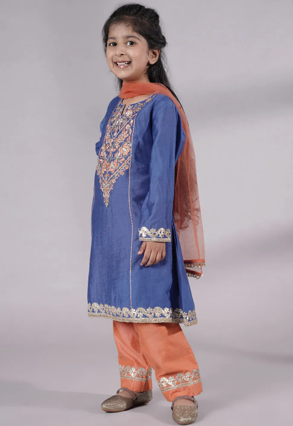 Embroidered Chanderi Silk Punjabi Suit in Blue