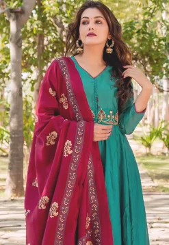 Embroidered Chanderi Silk Abaya Style Suit in Teal Blue