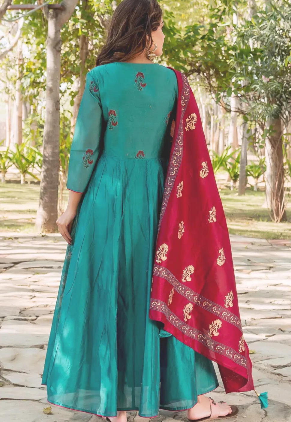 Embroidered Chanderi Silk Abaya Style Suit in Teal Blue