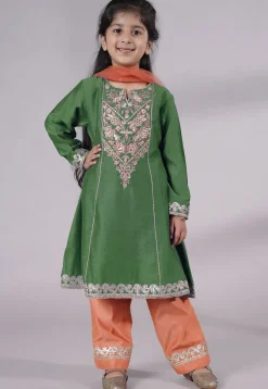 Embroidered Chanderi Silk Punjabi Suit in Green