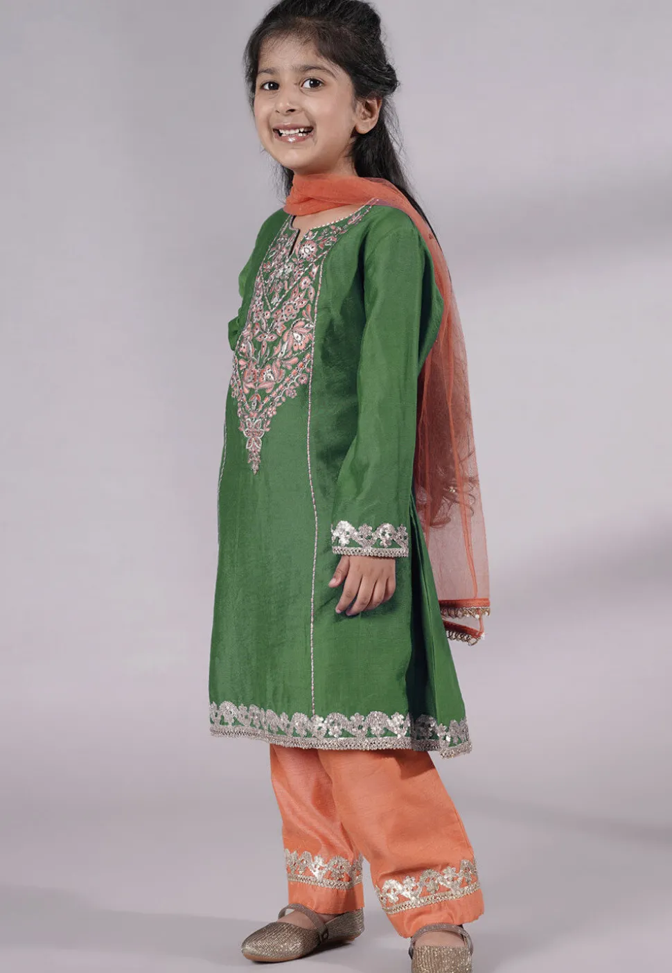 Embroidered Chanderi Silk Punjabi Suit in Green
