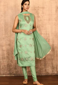 Embroidered Chanderi Silk Straight Suit in Pastel Green