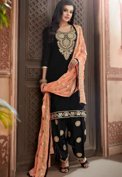 Embroidered Chanderi Silk Punjabi Suit in Black