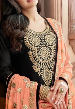 Embroidered Chanderi Silk Punjabi Suit in Black