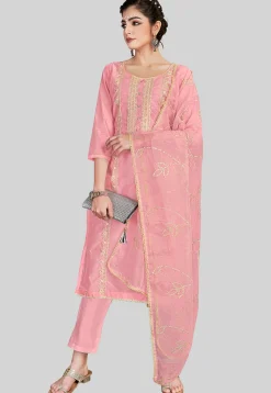 Embroidered Chanderi Silk Pakistani Suit in Pink