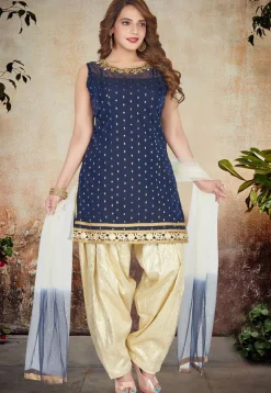 Embroidered Chanderi Silk Punjabi Suit in Navy Blue