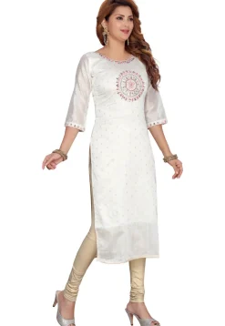 Embroidered Chanderi Silk Jacquard Straight Kurta in Off White