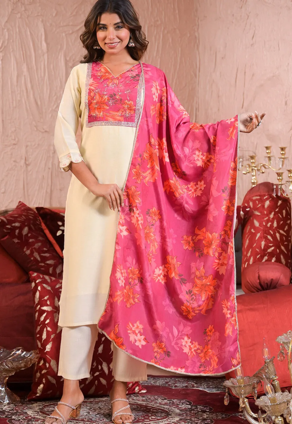 Embroidered Chanderi Silk Pakistani Suit in Cream