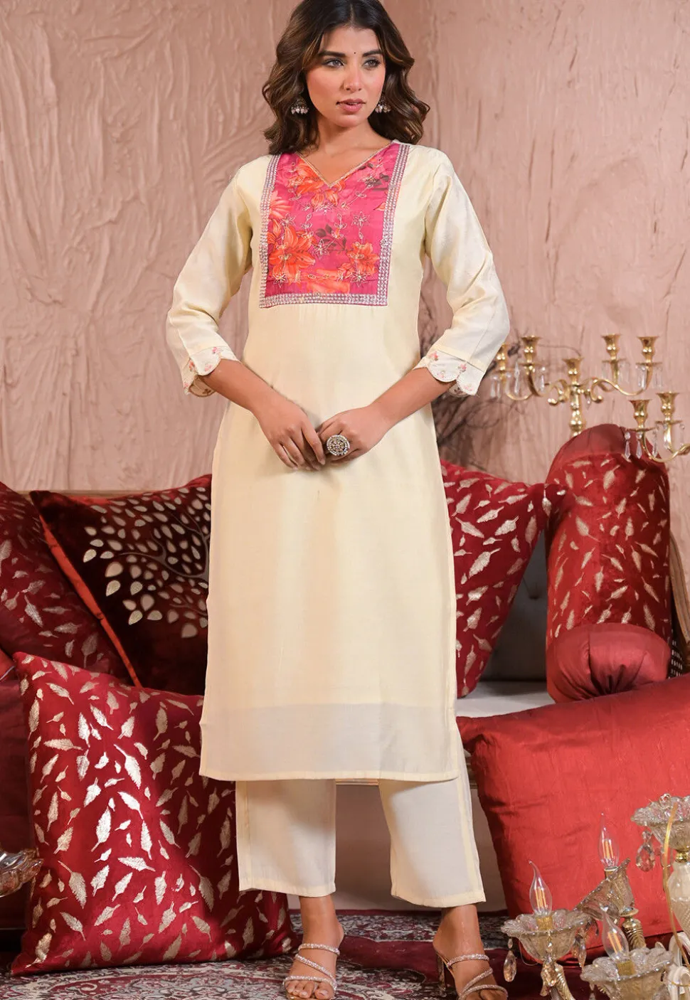 Embroidered Chanderi Silk Pakistani Suit in Cream