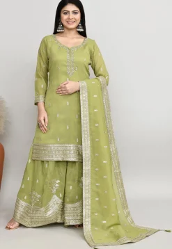 Embroidered Chanderi Silk Pakistani Suit in Olive Green