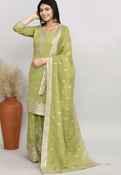 Embroidered Chanderi Silk Pakistani Suit in Olive Green