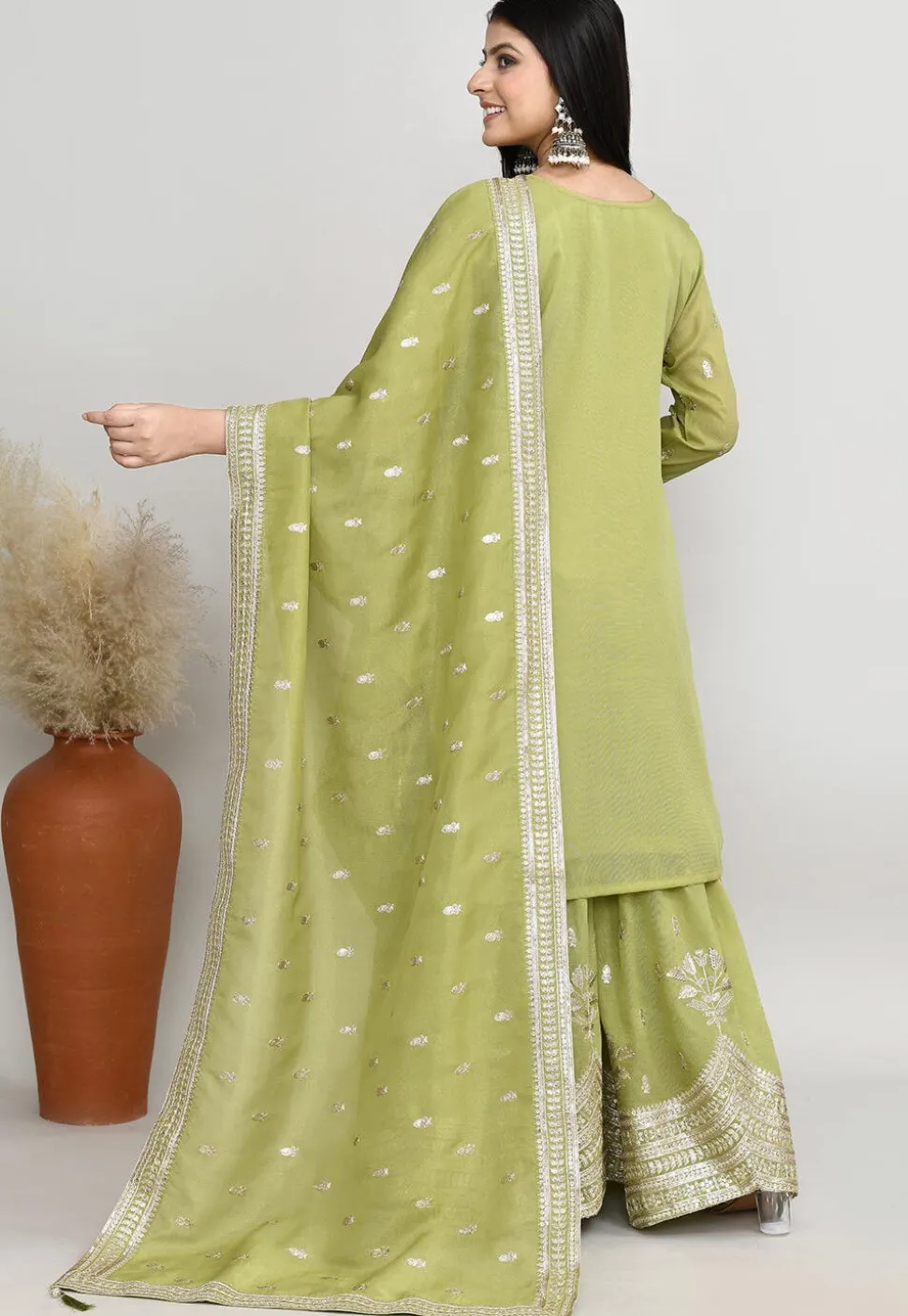 Embroidered Chanderi Silk Pakistani Suit in Olive Green