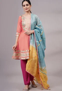 Embroidered Chanderi Silk Aline Suit in Peach Pink