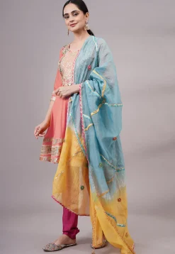 Embroidered Chanderi Silk Aline Suit in Peach Pink
