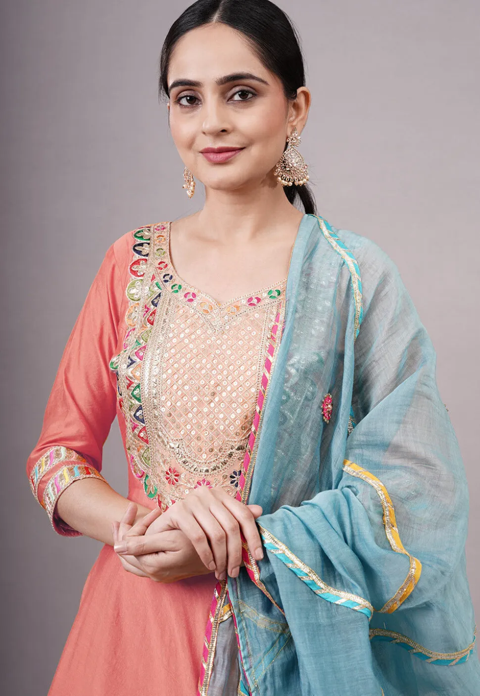 Embroidered Chanderi Silk Aline Suit in Peach Pink
